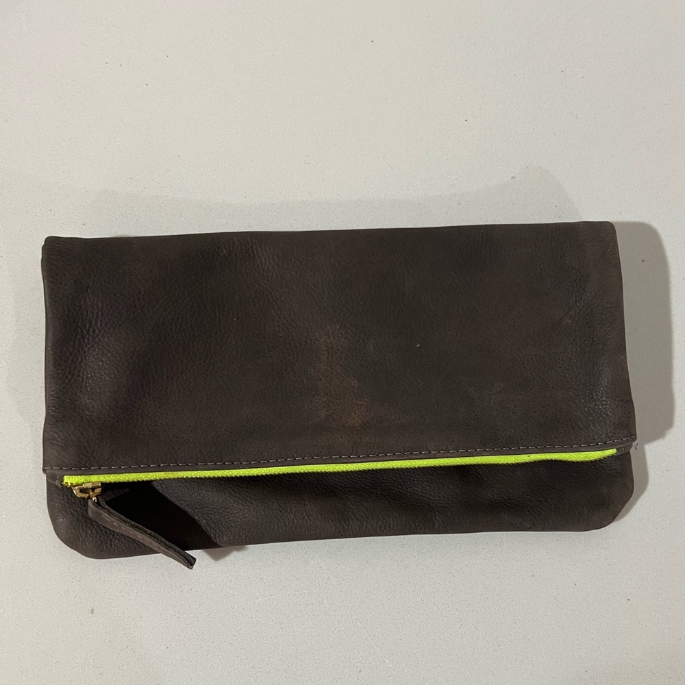 Clare Vivier Foldover Leather Clutch Grey & Neon
